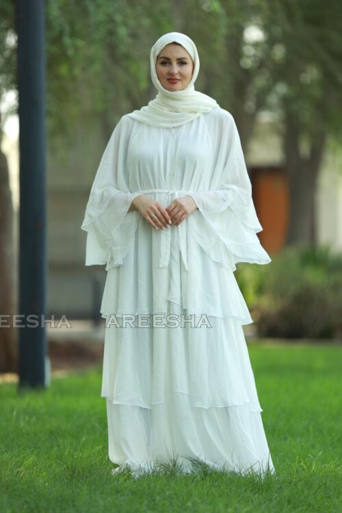 Front Open Layered Modest Abaya with Belt In White