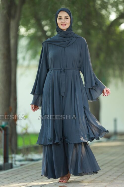 Front Open Layered Modest Abaya with Beads Hand work in Ash