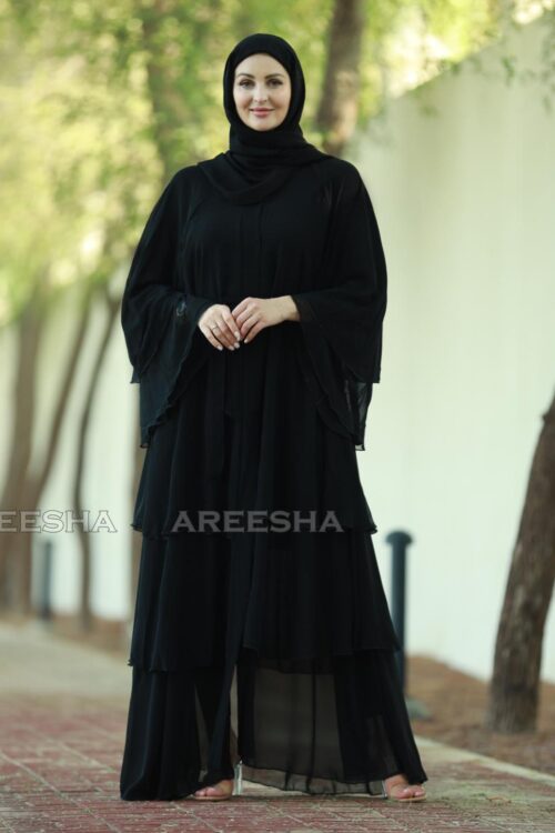 Front Open Layered Modest Dress Abaya in Black