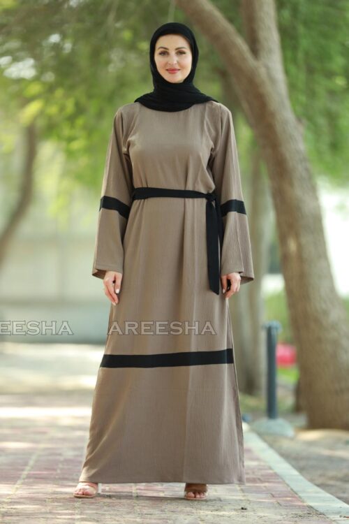 Arabian Modest Dress Abaya with Black Band Work with Belt in Brown