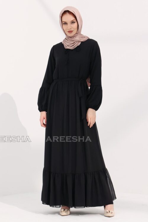 Modest Dress Abaya with Tie Up Neck in Black